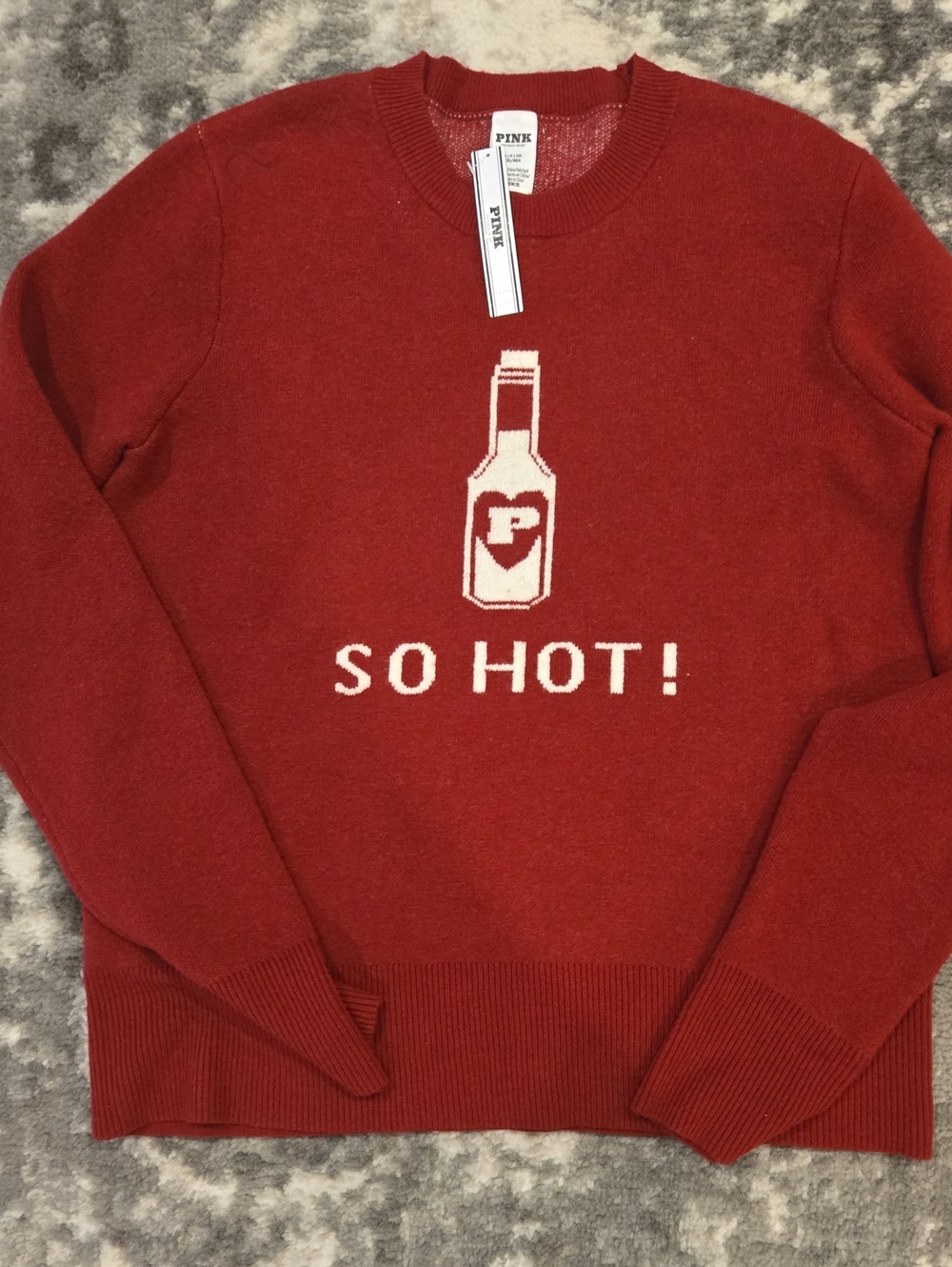 PINK Victoria's Secret Red Crewneck Sweater with White Bottle Graphic